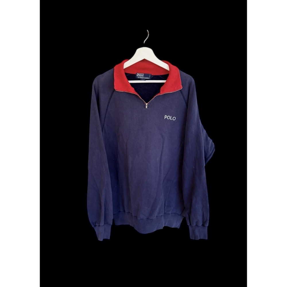 Vintage Polo Ralph Lauren Pullover Quarter Zip Sweatshirt Large Distressed Navy
